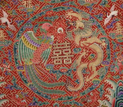 图片[3]-Big Red Silk Embroidery Eight regiments Dragon Phoenix Double Happiness Cotton Robe-China Archive